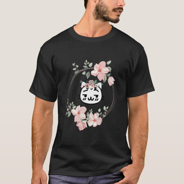 Süße Kitty-Katze mit Blumenkopfschmuck und Rahmen  T-Shirt (Vorderseite)