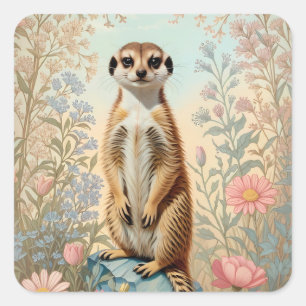 Süße Kleine Erdmännchen-Pastell-Blumen Quadratischer Aufkleber