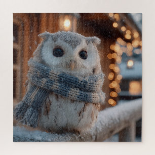 Süße kleine Eule mit gestrickter Winter-Schal 