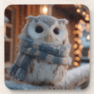 Süße kleine Eule mit gestrickter Winter-Schal Getränkeuntersetzer