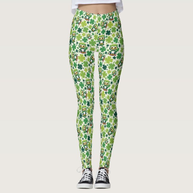 Süße kleine Eule St. Patrick Cartoon Leggings (Vorderseite)