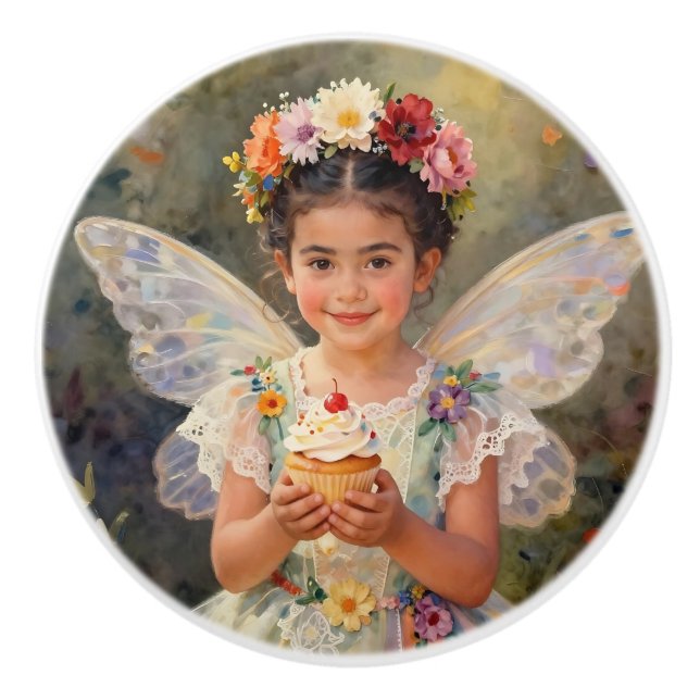 Süße kleine Fee mit Cupcake | Märchen Keramikknauf (Vorderseite)