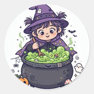 Süße kleine Hexe braut einen Zaubertrank Halloween Runder Aufkleber