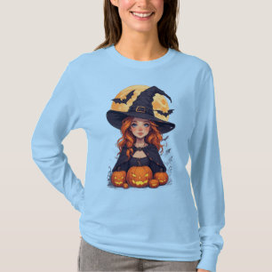 Süße kleine Hexenmädchen-Kürbis-Fledermaus-Szenen- T-Shirt