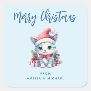 Süße kleine Katze mit Weihnachtsmannmütze Frohe We Quadratischer Aufkleber