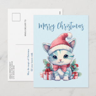 Süße kleine Katze mit Weihnachtsmannmütze zu Weihn Feiertagspostkarte