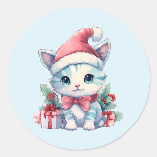 Süße kleine Katze mit Weihnachtsmannmütze zu Weihn Runder Aufkleber