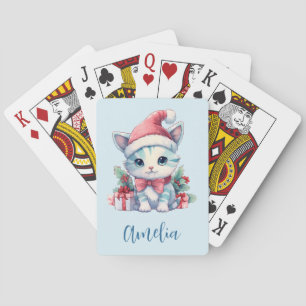 Süße kleine Katze mit Weihnachtsmannmütze zu Weihn Spielkarten