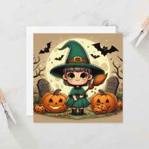 Süße kleine Kawaii-Hexe mit Halloween-Kürbissen Einladung