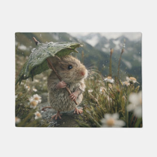 Süße kleine Maus hält Blattregenschirm Fußmatte