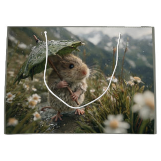 Süße kleine Maus hält Blattregenschirm Große Geschenktüte