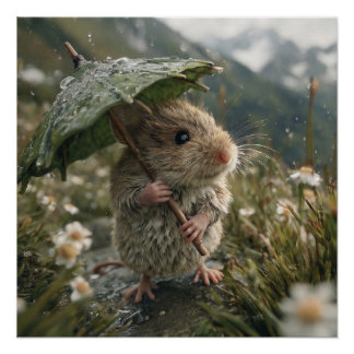 Süße kleine Maus hält Blattregenschirm Poster