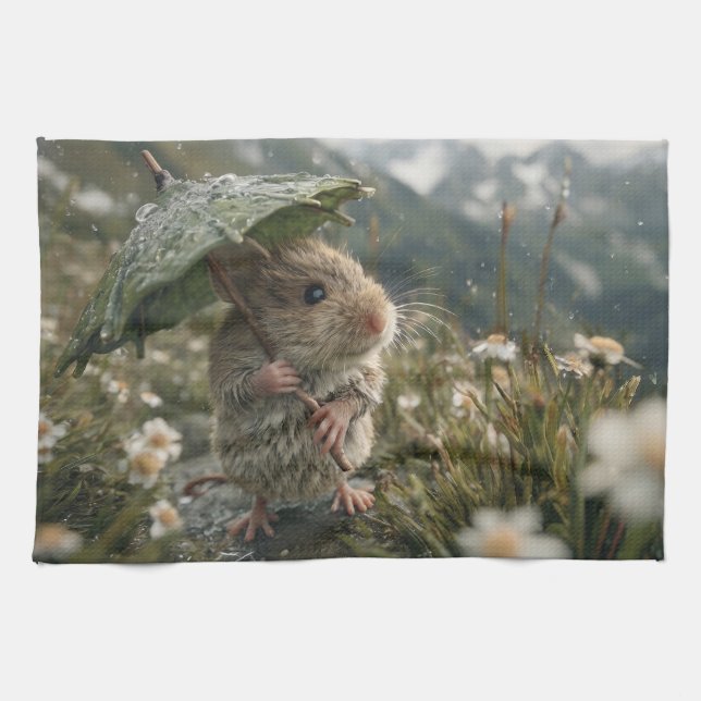 Süße kleine Maus mit Blattschirm  Geschirrtuch (Horizontal)