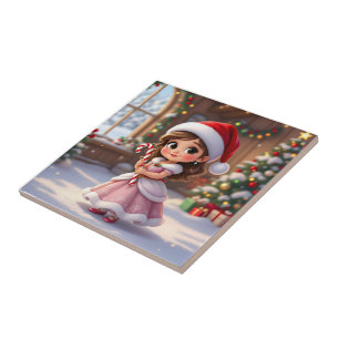 Süße kleine Prinzessin mit Weihnachtsmütze Fliese
