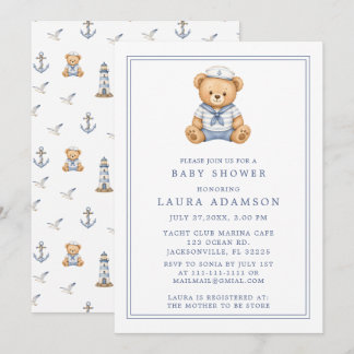 Süße kleine Segler-Teddybär-Baby-Party Einladung