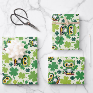 Süße kleine St. Patrick Cartoon-Eule Geschenkpapier Set