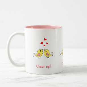 Süße kleine Vögel, Herzen und rosa Kalligrafie Zweifarbige Tasse