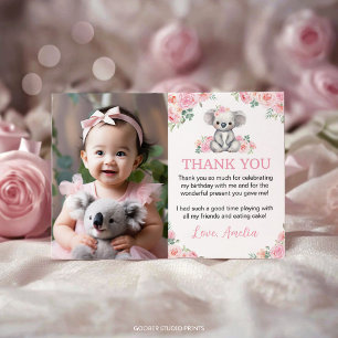 Süße Koala Rosa Blumen Geburtstagsfeier Foto Dankeskarte