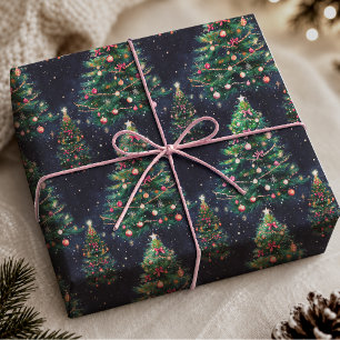 Süße Koketten-Weihnachtsbäume in Dunkelblau Geschenkpapier