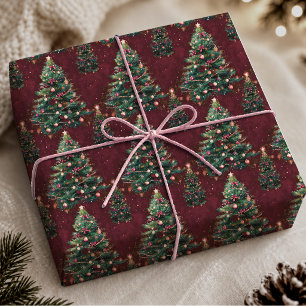 Süße Koketten-Weihnachtsbäume in Dunkelrot Geschenkpapier