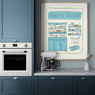 Süße Küchenillustration Blau Personalisierter Name Poster
