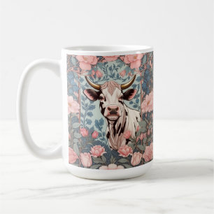 Süße Kuh mit rosa floralem Hintergrund Kaffeetasse