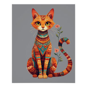 Süße künstlerische Katze mit floralem Zweig Poster