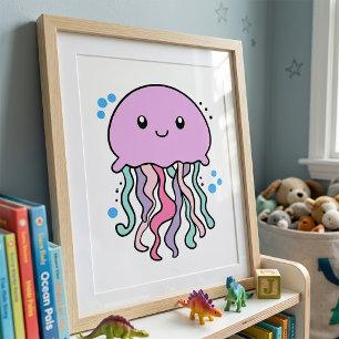 Süße lächelnde Kawaii-Babyqualle mit Blasen Fotodruck