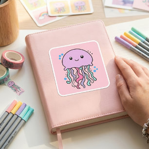 Süße lächelnde Kawaii-Babyqualle mit Blasen Quadratischer Aufkleber