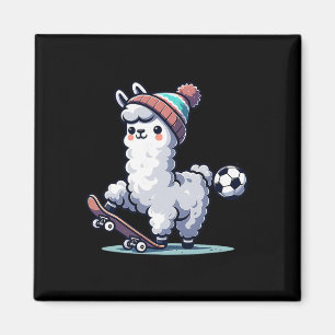 Süße Lama auf Skateboard mit Fußballmütze Magnet