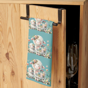 Süße Lämmer mit floralen und Patchwork-Akzente Geschirrtuch