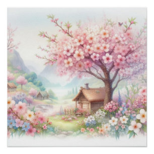 Süße Landhütte in floraler Szenerie Aquarell   Poster