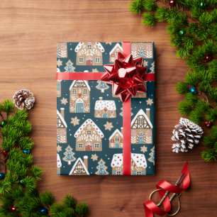 Süße Lebkuchenhäuser & Kekse Blaues Weihnachten Geschenkpapier