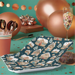 Süße Lebkuchenhäuser & Kekse Blaues Weihnachten Pappteller