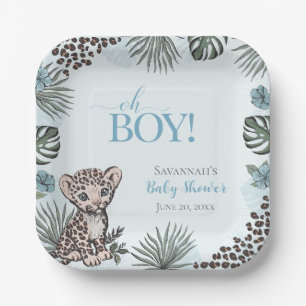 Süße Leopardin Baby-Party in Blau Pappteller