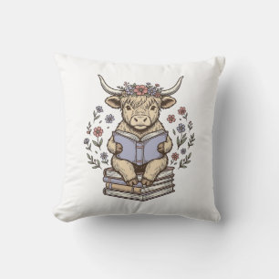 Süße lesende Kuh Blumenbuchstapel Vintage-Design_ Kissen