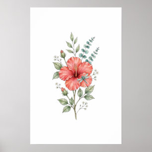 Süße Libellen-Hibiskus-Aquarell-Garten Poster