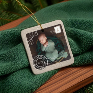 Süße Lieferpaket-Baby-Geburtsankündigung Foto Keramikornament