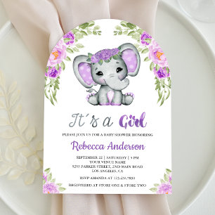 Süße lila Blumen-Elefantenbogen-Baby-Party Einladung