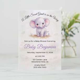 Süße Lila-Elefanten-Mädchen-Baby-Party Einladung