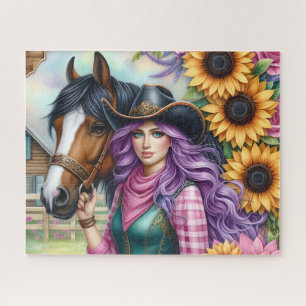 Süße lila Haar Cowgirl Pferd Sonnenblumen