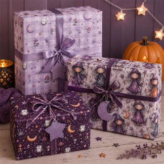 Süße lila Hexe & Eule Halloween-Geschenk Geschenkpapier Set