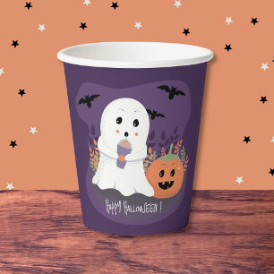 Süße lila Papier-Tasse mit Halloween-Geist Pappbecher