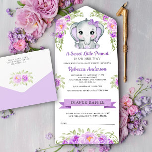 Süße lila Schleife Floraler Elefant Baby Shower All In One Einladung