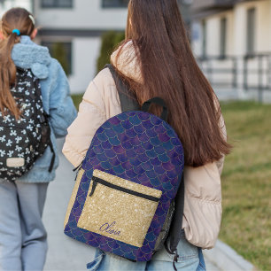 Süße lila und goldene personalisierte Meerjungfrau Bedruckter Rucksack