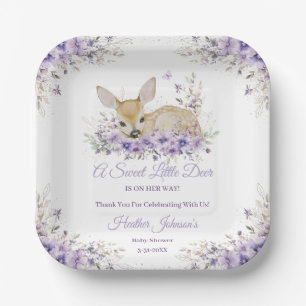Süße lila violette florale Reh-Baby-Party Pappteller