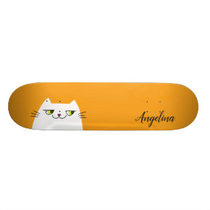 Süße Lustige Einfache Weiße Katze Gelbes Monogramm Skateboard
