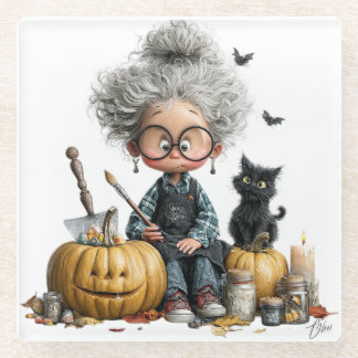 SÜSSE LUSTIGE HALLOWEEN-THEMATISIERTE ALTE DAME GLASUNTERSETZER