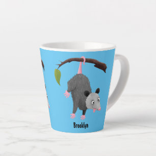 Süße lustige Opossum hängt von Ast Cartoon Milchtasse