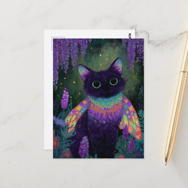 Süße lustige schwarze Katzenfee Postkarte (Vorderseite/Rückseite Beispiel)